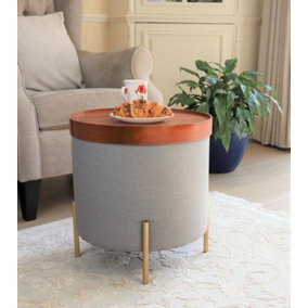 Valentine Round Ottoman With Tray Top (Light Grey Faux Linen)