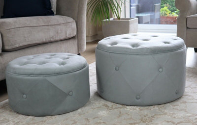 Valeria Set Of 2 Round Storage Ottoman/Footrest Stool ,Light Grey