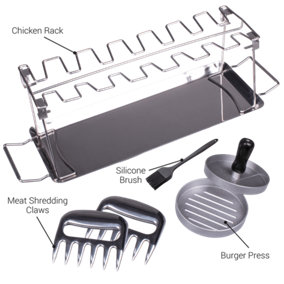 Valiant BBQ Accessory Kit - Includes Burger Press, Chicken Rack, Shredding Claws and Basting Brush