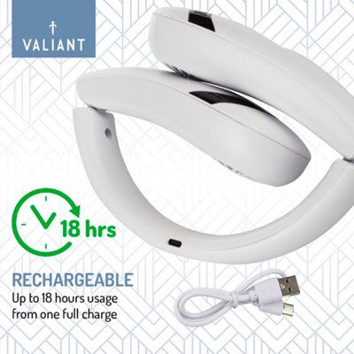 Valiant Neck Fan includes Wireless and Rechargeable Features - 3 Speed Settings and Foldable, Compact Design in White