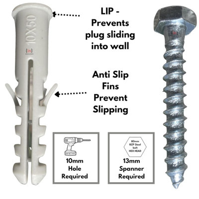 Value M8 x 60mm Masonry Brick Wall Fixing Screw Bolts with Plugs & Washers for Aerial Satellite Sky Dish Tv Pack of Ten - 3