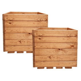 Value Set of 2 HORTICO Scandinavian Redwood Large Square Planter for Garden, Outdoor Plant Pot Made in the UK H57 L55 W55 cm, 154L