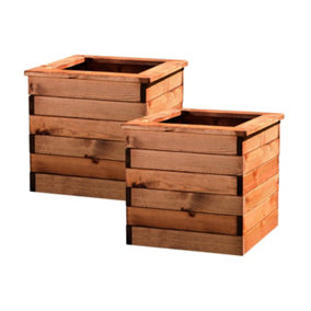Value Set of 2 HORTICO Scandinavian Redwood Square Wooden Planter for Garden, Outdoor Plant Pot Made in the UK H39 L47 W47 cm, 86L