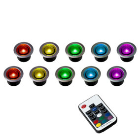 ValueLights 10 Pack 40mm Remote Control Colour Changing LED Round Decking Kitchen Plinth Lights Kit