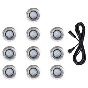 ValueLights 10 Pack IP67 Rated 40mm Cool White LED Round Decking Kitchen Plinth Lights Kit With 3M Extension