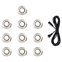 ValueLights 10 Pack IP67 Rated 40mm Warm White LED Round Decking Kitchen Plinth Lights Kit With 3M Extension