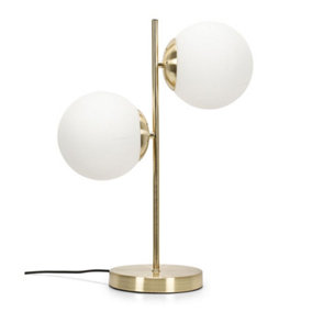 ValueLights 2 Light Gold Metal Stem Bedside Table Lamp with White Frosted Glass Shades - Bulbs Included