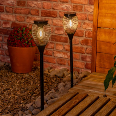 ValueLights 2 Pack Solar Powered Outdoor Black Metal Cage Spike Lights Garden Stake Lamp