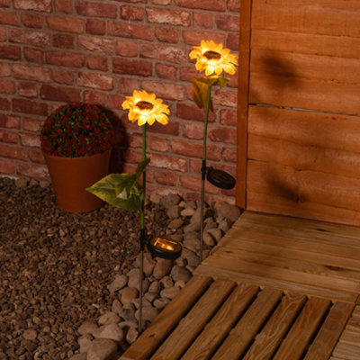 ValueLights 2 Pack Solar Powered Yellow Sunflower Outdoor Spike Lights Garden Stake Lamp