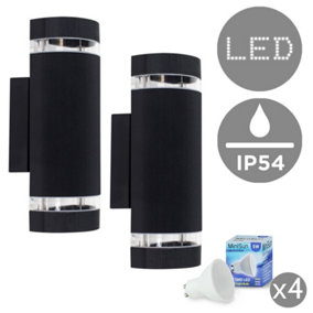 ValueLights 2 x Aluminium Outdoor IP54 Rated Black Ribbed Glass Shade Wall Light Fittings With GU10 LED Bulbs Warm White