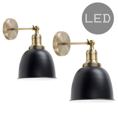 ValueLights 2 x Antique Brass Adjustable Wall Lights with Black