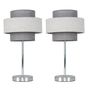 ValueLights 2 x Chrome Touch Bedside Table Lamps With Dark Grey & Light Grey Herringbone Shade - With 5w LED Bulbs In Warm White