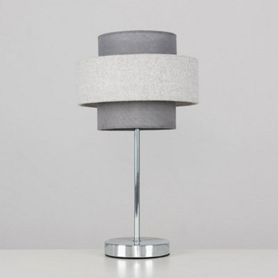 ValueLights 2 x Chrome Touch Bedside Table Lamps With Dark Grey & Light Grey Herringbone Shade - With 5w LED Bulbs In Warm White