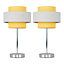 ValueLights 2 x Chrome Touch Bedside Table Lamps With Mustard & Grey Herringbone Shade - With 5w LED Dimmable Bulbs In Warm White