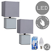ValueLights 2 x Grey Cube Design Touch Dimmer Bedside Table Lamps With Grey Shades And 5w Dimmable LED Candle Bulb In Warm White