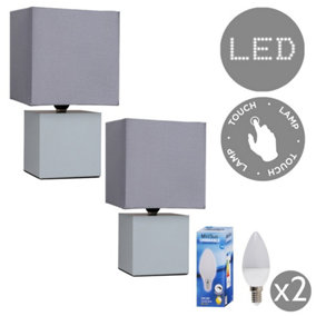ValueLights 2 x Grey Cube Design Touch Dimmer Bedside Table Lamps With Grey Shades And 5w Dimmable LED Candle Bulb In Warm White