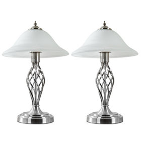ValueLights 2 x Satin Nickel Barley Twist Table Lamps With Frosted Alabaster Shade With 6w LED GLS Bulbs In Warm White