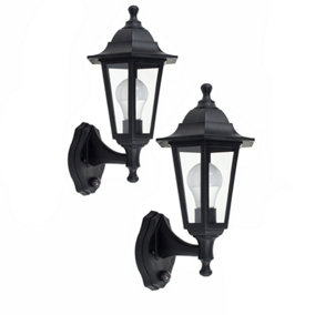 ValueLights 2 x Style Black Outdoor Security PIR Motion Sensor IP44 Rated Wall Light Lanterns With 10w LED GLS Bulbs In Warm White