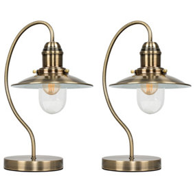 ValueLights 2 x Vintage Antique Brass Metal and Glass Fisherman's Style Lantern Touch Table Lamps With 5w LED Bulbs In Warm White