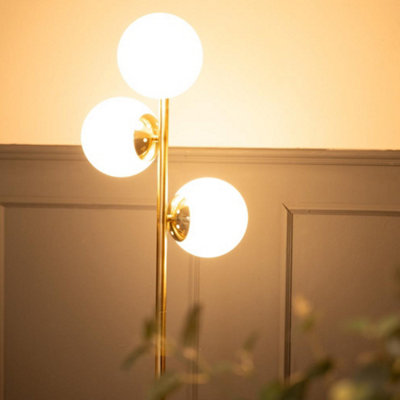 ValueLights 3 Light Gold Metal Stem Floor Lamp with White Frosted Glass Shades - Bulbs Included