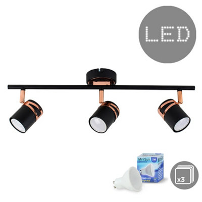 ValueLights 3 Way Black Ceiling Bar Spotlight and GU10 Spotlight LED 5W Cool White 6500K Bulbs