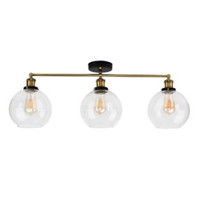 ValueLights 3 Way Black & Gold Steampunk Ceiling Light Fitting with Clear Glass Globe Shades - LED Filament Bulbs In Warm White