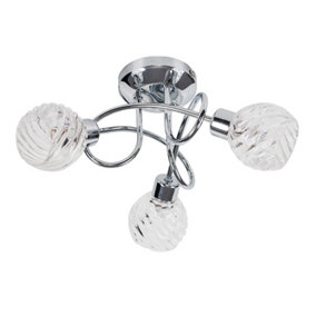ValueLights 3 Way Chrome Curved Arm Flush Ceiling Light with Swirled Glass Dome Shades With LED G9 Bulbs Warm White