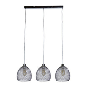 ValueLights 3 Way Chrome Over Table Ceiling Light Fitting with Suspended Mesh Lightshades And 4w LED Filament Bulbs In Warm White