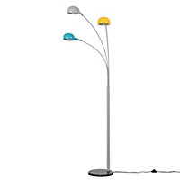 ValueLights 3 Way Grey Metal & Black Marble Base Curva Floor Lamp with Yellow, Blue & Grey Dome Shades LED Bulbs 3000K Warm White