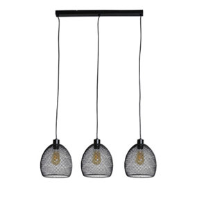ValueLights 3 Way Matt Black Over Table Ceiling Light Fitting With Suspended Mesh Lightshades