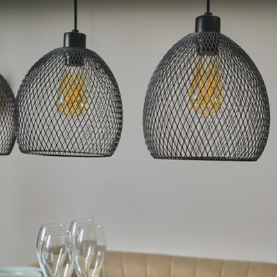 ValueLights 3 Way Matt Black Over Table Ceiling Light Fitting With Suspended Mesh Lightshades