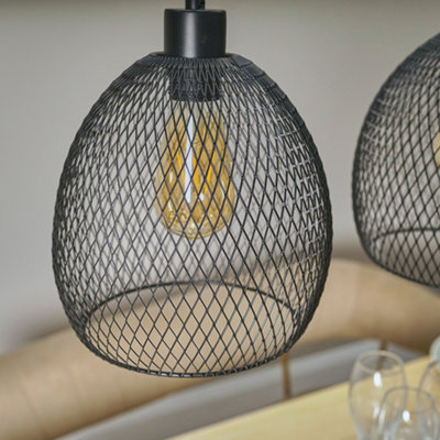 ValueLights 3 Way Matt Black Over Table Ceiling Light Fitting With Suspended Mesh Lightshades