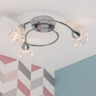 ValueLights 3 Way Polished Chrome Flush Swirl Arm Ceiling Light With Clear Diamond Shaped Shades