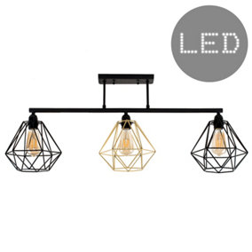 ValueLights 3 Way Satin Black Pipework Bar Ceiling Light with Black & Gold Basket Cage Shades And LED Filament Bulbs In Warm White