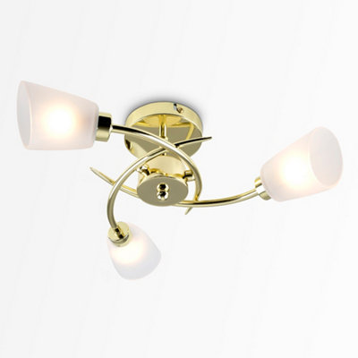 ValueLights 3 Way Spiral Polished Gold Ceiling Light With Frosted Glass Shades
