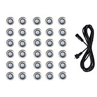 ValueLights 30 Pack IP67 Rated 40mm White LED Round Decking Kitchen Plinth Lights Kit With 3M Extension