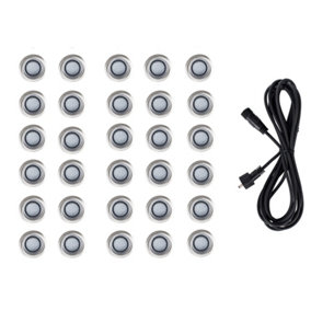 ValueLights 30 Pack IP67 Rated 40mm White LED Round Decking Kitchen Plinth Lights Kit With 3M Extension