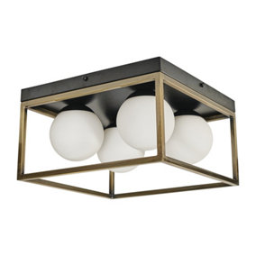 ValueLights 4 Way Black and Antique Brass Square Ceiling Light Fitting with White Frosted Glass Globe Shades - Including Bulbs