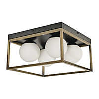 ValueLights 4 Way Black Antique Brass Square Ceiling Light Fitting With Frosted Glass Shades