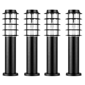 ValueLights 4 x Modern IP44 Rated Outdoor Black Stainless Steel Bollard Lantern Light Posts With LED Candle Bulbs In Warm White