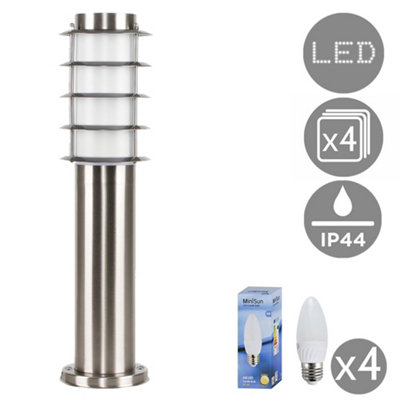 ValueLights 4 x Outdoor Stainless Steel Bollard Lantern Light Post - 450mm - Complete with 4w LED Candle Bulbs 3000K Warm White