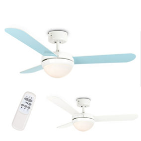 ValueLights 42" / 106cm Modern Duck Egg Blue/Cream Reversible Blade Ceiling Fan with Frosted Opal Shade - with Remote Control
