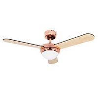 ValueLights 42" Copper Ceiling Fan with Glass Light Shade & 3 x Reversible Blades Remote Control & LED Candle Bulbs Warm White