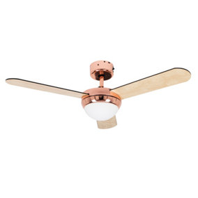 ValueLights 42" Copper Ceiling Fan with Glass Light Shade & 3 x Reversible Blades Remote Control & LED Candle Bulbs Warm White