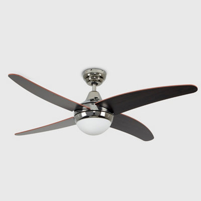 ValueLights 48" / 122cm Modern Silver Chrome & Dark Wood Blade Ceiling Fan with Frosted Opal Shade - with Remote Control