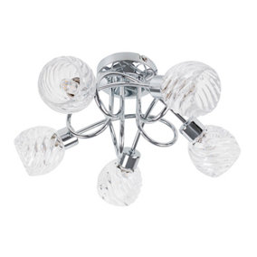 ValueLights 5 Way Chrome Curved Arm Flush Ceiling Light with Stunning Swirled Glass Dome Shades With 3w LED G9 Bulbs In Warm White