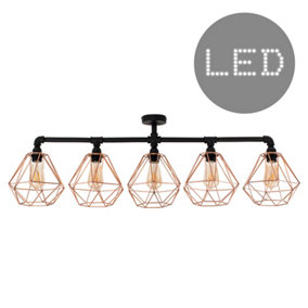 ValueLights 5 Way Satin Black Pipework Bar Ceiling Light with Copper Basket Cage Shades - With LED Filament Bulbs In Warm White
