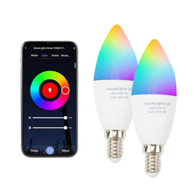 ValueLights 5W RGBCCT Smart Bulb, E14 Small Screw WiFi LED Bulb, Colour Changing and Adjustable Brightness, 2 Pack