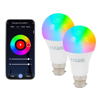 ValueLights 9W RGBCCT Smart Bulb, B22 Bayonet WiFi LED Bulb, Colour Changing and Adjustable Brightness, 2 Pack