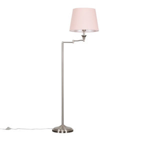 ValueLights Adjustable Swing Arm Floor Lamp In Brushed Chrome Finish With Pink Light Shade